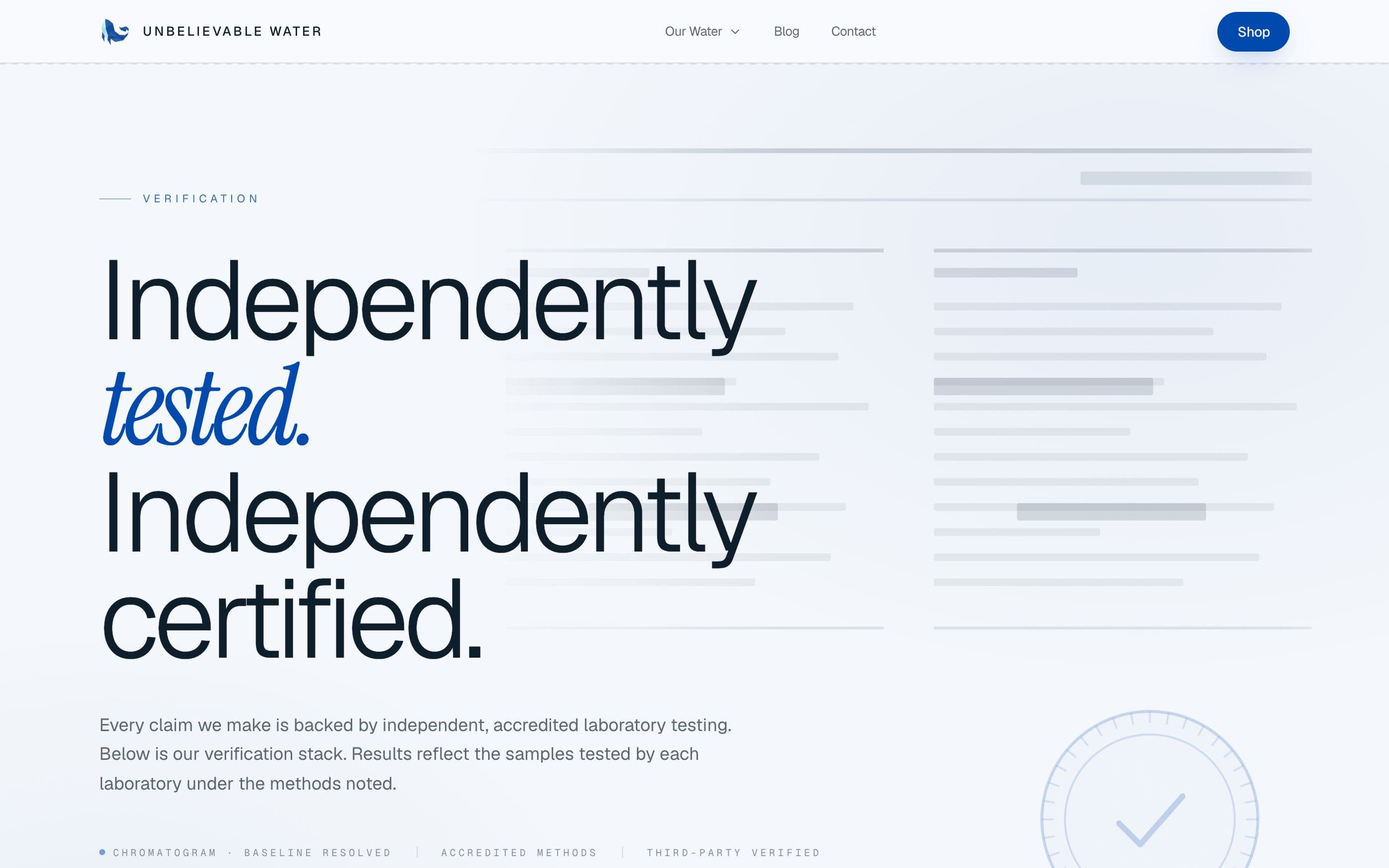 Certifications page presenting product testing as proof