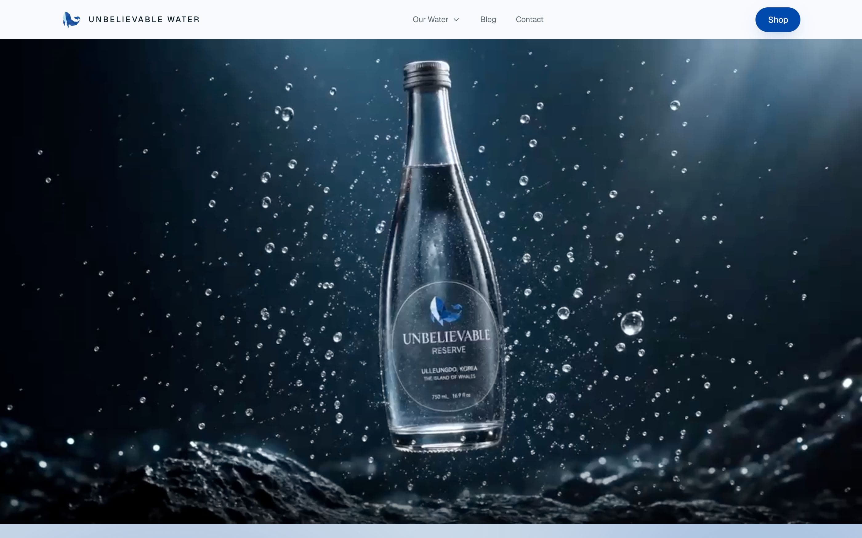 Unbelievable Water homepage with a cinematic Reserve bottle film